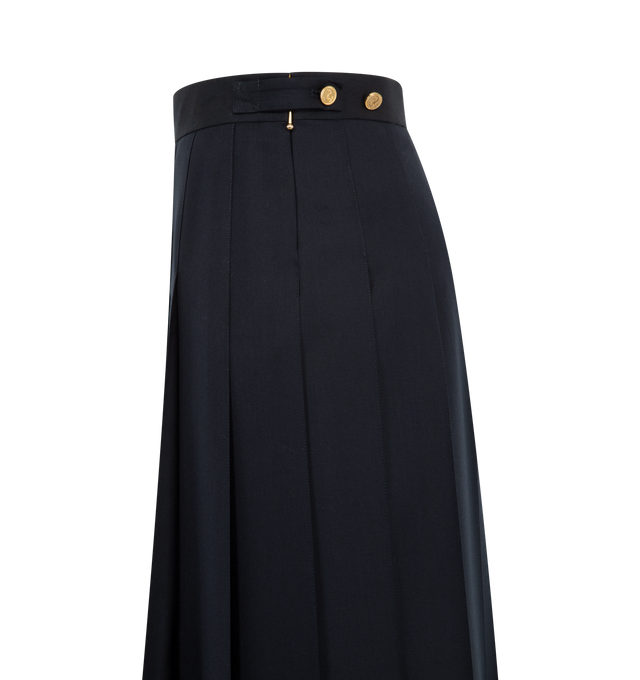 Image 3 of 3 - BLUE - Thom Browne Womens Pleated Long Skirt is crafted from wool twill. Features a pleated silhouette, side zip closure, adjustable button backstrap, dropped back hem with signature grosgrain trim, and signature grosgrain loop tab at the back waist. Main Material: 100% Wool; Lining: 100% Cupro. Made in Italy. 
