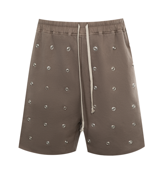 Image 1 of 3 - GREY - DRKSHDW Long Boxer Shorts featuring allover grommet embellishment, elasticized drawstring waist, side slip pockets, relaxed fit through wide legs and pull-on style. 100% cotton. Made in Italy. 