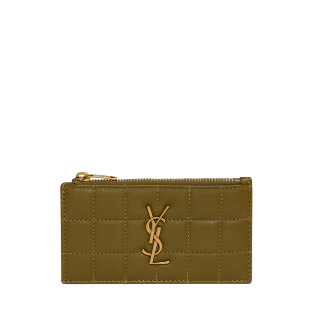 Image 1 of 3 - GREEN - SAINT LAURENT Zipped Card Case featuring leather lining, zipped closure, five card slots and one zipped pocket. 5.1 X 3.1 X 0.8 inches. 70% lambskin, 30% metal.  