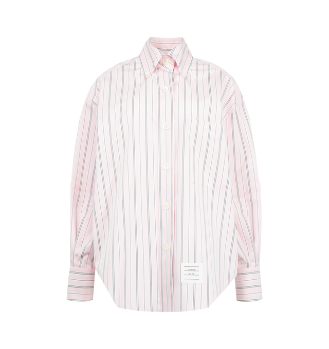 Image 1 of 2 - PINK - Thom Browne Womens Shirt is crafted from micro stripe cotton poplin. Features a supersized fit, button-front closure, button-down point collar, patch chest pocket, button-fastening self armbands, buttoned cuffs, pleated back yoke with locker loop, curved hem, name tag appliqu, and signature striped grosgrain loop tab. Main Material: 100% Cotton. Made in Italy. 