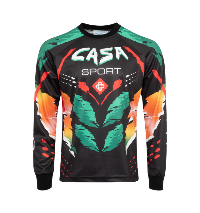 Image 1 of 2 - BLACK - CASABLANCA Moto Long Sleeve T-Shirt featuring polyester mesh, graphics printed throughout, rib knit crewneck and cuffs, logo printed at front and back and text printed at raglan sleeves. 100% polyester. Trim: 100% cotton. Made in Portugal. 