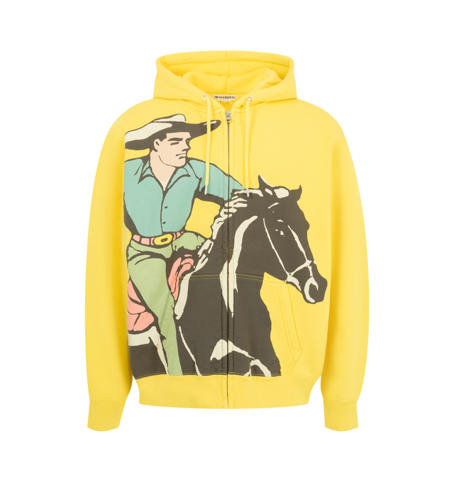 Image 1 of 2 - YELLOW - JW Anderson Men's Cowboy Front Zip Hoodie features a cowboy graphic inspired by vintage ephemera, a full-zip closure, adjustable hoodie, and finished with ribbed cuffs and hem. 100% Cotton. 