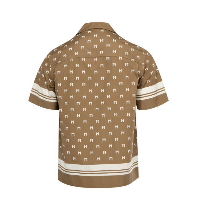 Image 2 of 2 - BROWN - MONCLER Monogram Print Shirt featuring cotton poplin, collar, short sleeves, snap button closure and logo patch. 100% cotton. Made in Romania. 