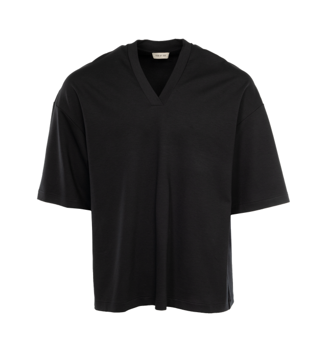 Image 1 of 2 - BLACK - FEAR OF GOD Milano V-neck Tee featuring stretch jersey, V-neck tee, relaxed proportions and Fear of God leather label is stitched at the back collar. 69% viscose, 29% nylon, 6% elastane. 