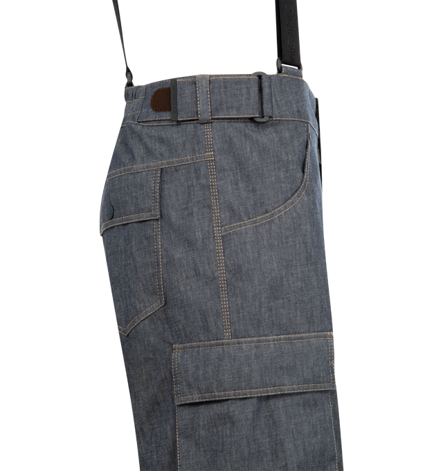 Image 3 of 4 - GREY - MONCLER GRENOBLE Padded Denim Ski Bib featuring 2L technical denim, stretch technical polyester lining, padded, heat-sealed seams, suspenders, YKK AquaGuard Highly Water Resistant zipper and snap button closure, pockets with YKK AquaGuard Highly Water Resistant zipper and hook-and-loop closure, back pockets with snap button closure, ankle gaiters, ski cut protection and synthetic material logo patch. 100% cotton. Lining: 89% polyester, 11% elastane/spandex. Lining: 100% polyamide/nylon 