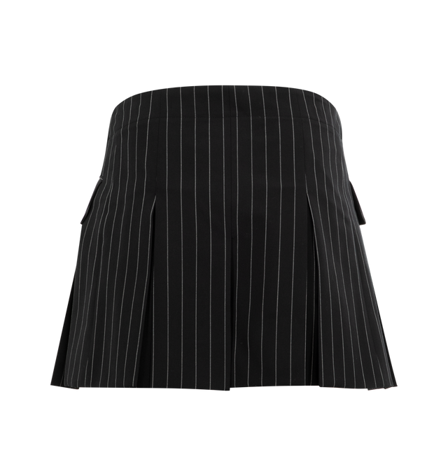 Image 2 of 2 - BLACK - SACAI Stiped Skirt featuring off-centre front button fastening, side slits, two front flap pockets, pleat detailing. 72% wool, 60% cotton, 40% nylon, 28% silk. Lining: 100% cupro. 