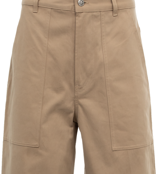 Image 4 of 4 - BROWN - MONCLER Wide Leg Trousers featuring high waist, oversized front pockets, two back pockets, button zip closure, wide flare legs and belt loops. 100% cotton.  