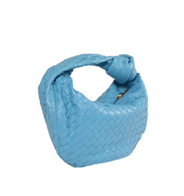 Image 2 of 3 - BLUE - BOTTEGA VENETA Teen Jodie Woven Leather Bag featuring a knotted shoulder strap, single compartment, top zip closure and lined. 8.3" x 14.2" x 5.1". 100% lambskin. Made in Italy.  