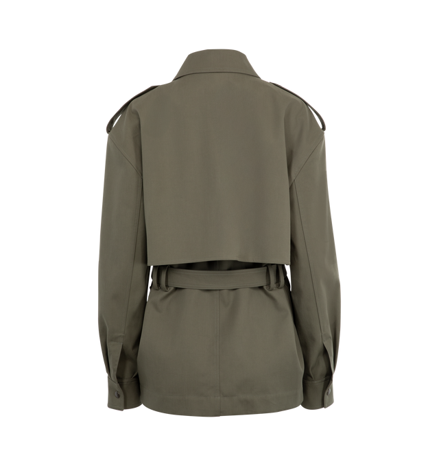 Image 2 of 3 - GREEN - SAINT LAURENT Saharienne Bavolet Jacket featuring buttoned safari tunic jacket with storm flaps, adjustable and detachable belted waist, two patch pockets with snap-button flap at the front, a pointed collar, front snap-button closure, one snap-button cuffs and drop shoulders. Made in Italy. 