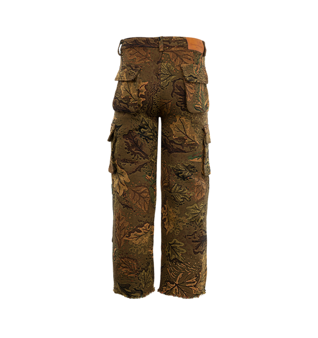 Image 2 of 3 - BROWN - UNTITLED ARTWORKS Jacquard Camouflage Knit Trousers featuring paneled construction, jacquard knit camouflage pattern, belt loops, back logo patch, front button and concealed zip fly closure, inset pockets, back flap pockets, side cargo pockets and logo patch, wide leg and loose fit. 100% cotton. 