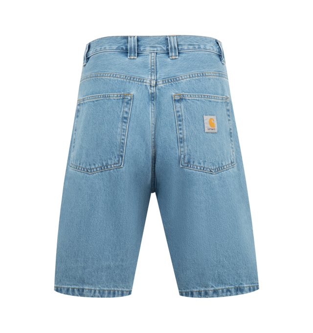 Image 2 of 3 - BLUE - CARHARTT WIP Brandon Short featuring heavyweight cotton denim in a loose fit with a low crotch, a back yoke, detailed with bartack stitching at vital stress points and a woven Square Label completes the design. 100% cotton.  