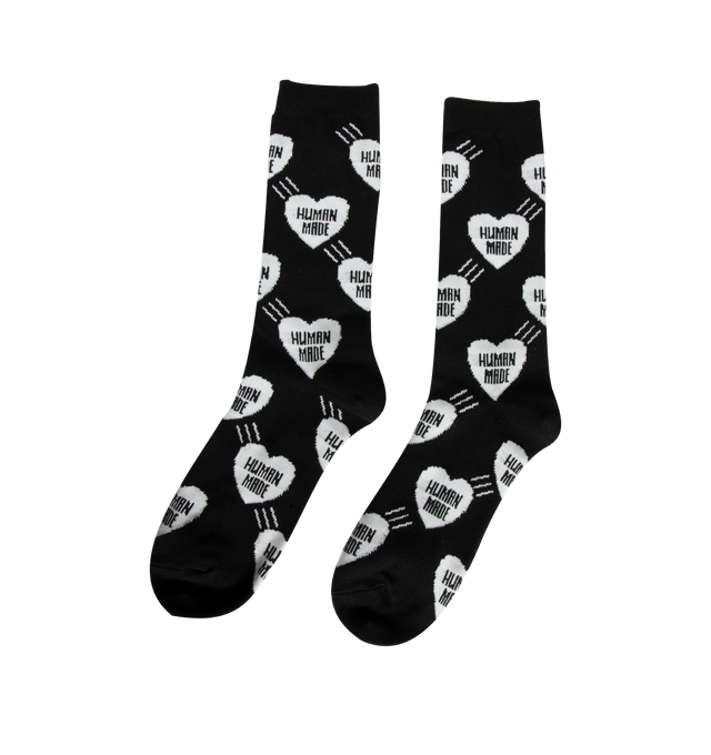 Image 2 of 2 - BLACK - Human Made Heart Socks are crafted from a lightweight cotton-blend fabric and feature a mid-length silhouette with an allover heart logo pattern. Designed with jacquard-woven heart graphics, elastic cuffs, and signature HUMAN MADE branding that adds a playful accent to everyday wear. Main Material: 48% Cotton, 19% Nylon, 18% Acrylic, 13% Polyester, 2% Spandex.  