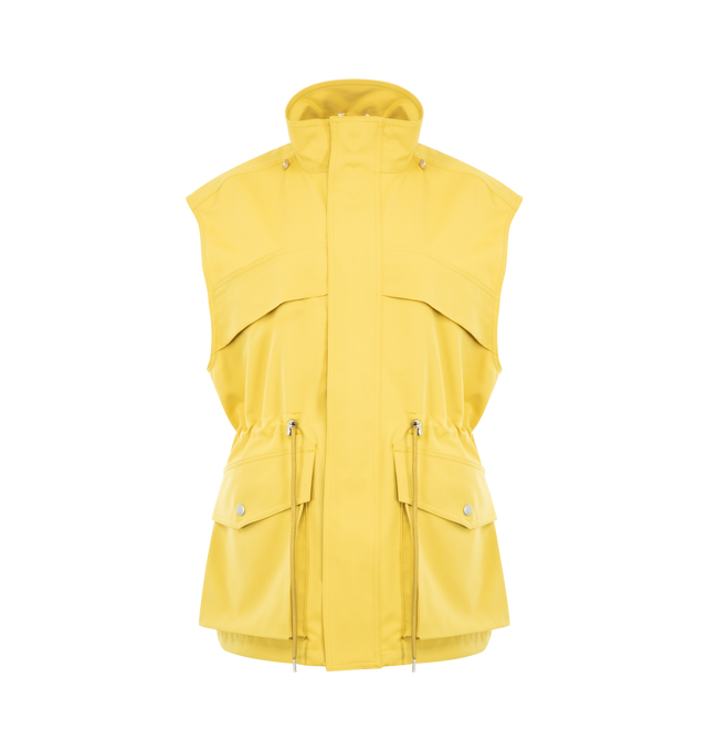 Image 2 of 4 - YELLOW - AURALEE Wool Max Canvas Over Vest featuring densley woven ultra-fine Super 120s fibers, oversized fit, hood with drawstring, zip closure, sleeveless, chinched waist drawstring, front flap pockets and unlined. 100% wool. 
