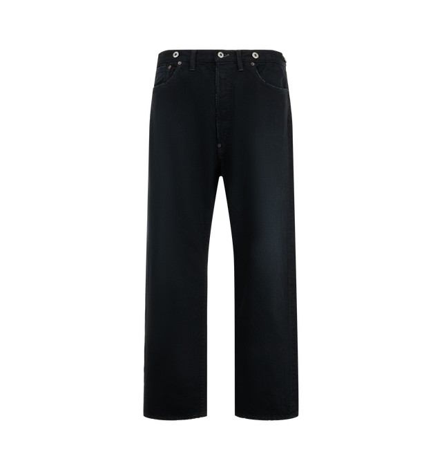 Image 1 of 3 - BLUE - A.Presse Men's No.22 Washed Wide Denim Pants feature a wide-leg silhouette crafted from premium cotton denim and finished with a specialized washing and dyeing process for a vintage-inspired look. These designer denim pants combine relaxed proportions with exceptional Japanese craftsmanship, making them a versatile staple for everyday wear. Main Material: 100% Cotton. Made in Japan. 