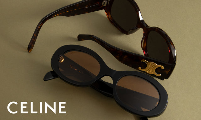 Two pairs of sunglasses on a beige background with 'CELINE' branding.