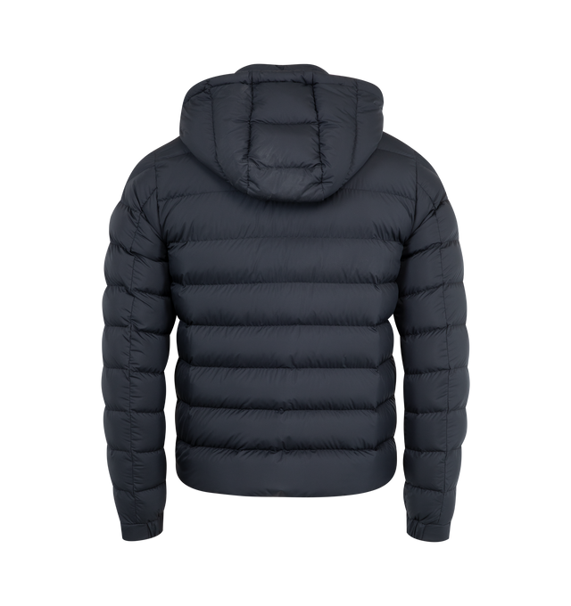 Image 2 of 4 - NAVY - MONCLER Arneb Jacket featuring Airsoft lining, down-filled, detachable hood with micro chic lining, zipper closure with leather trim, zipped pockets, adjustable cuffs with snap button closure and leather logo patch. 100% polyester. Padding: 90% down, 10% feather. Made in Italy 