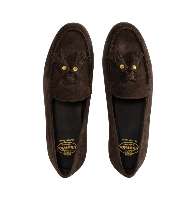 Image 4 of 4 - BROWN - CHURCH'S Priscilla Suede Tassel Loafers featuring almond moc toe, notched vamp with tassels, slip-on style and leather outsole. Made in Italy. 