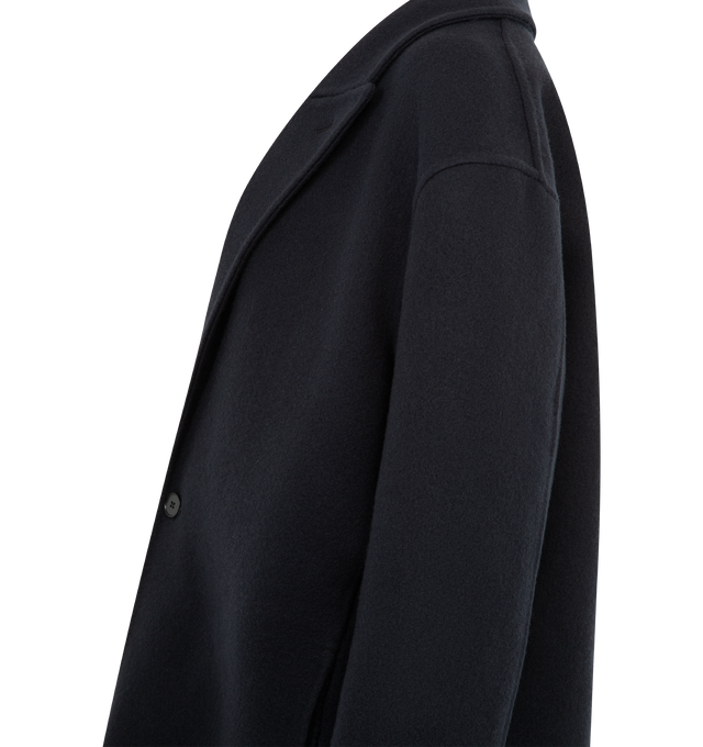 Image 4 of 4 - NAVY - MONCLER GENIUS X JIL SANDER Rhamnose 3-in-1 Wool Mono-Breasted Down Jacket featuring double wool, viscose lining, detachable down-filled nylon inner with snap button closure, button closure and detachable metal logo pin. 100% virgin wool. Lining: 100% viscose/rayon. 100% polyamide/nylon. Padding: 90% down, 10% feather. Made in Italy. 