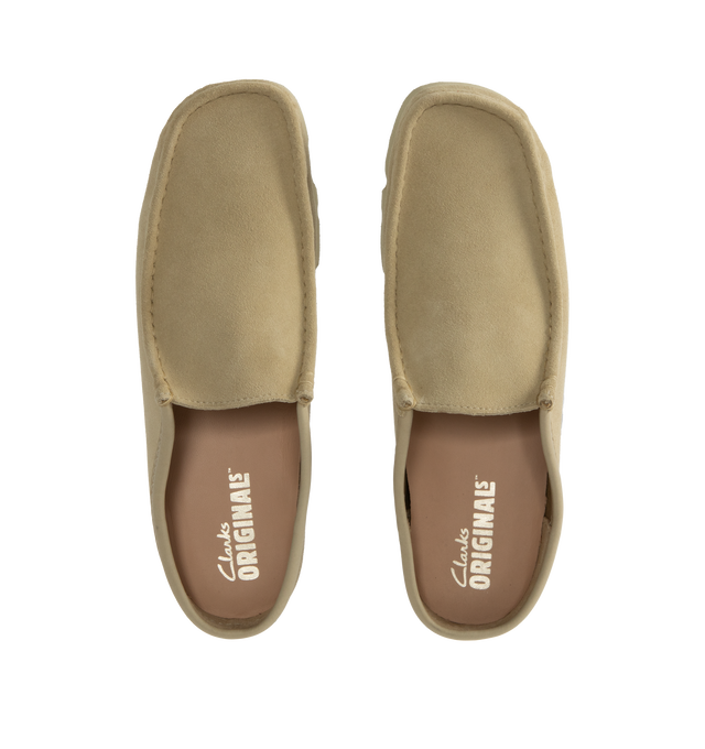 Image 4 of 4 - BROWN - CLARKS Wallabee Slip Shoe featuring suede upper, lightweight Vibram sole, tonal leather collars and Clarks Originals heat-embossed metallic transfer on sock bed. 