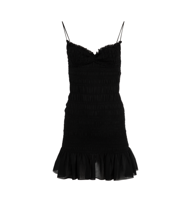 Image 1 of 2 - BLACK - SAINT LAURENT Smocked Mini Dress made with certified silk featuring a sweetheart neckline, adjustable spaghetti straps, and a ruffled hem. 100% silk. Made in Italy. 