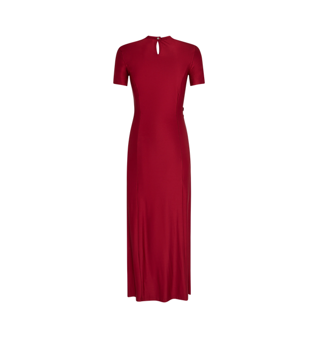 Image 2 of 2 - RED - RABANNE Draped Dress featuring long draped pression dress with short sleeves in viscose jersey, crew neck and 16 silver press studs. 90% viscose, 10% elastane. Made in Portugal. 