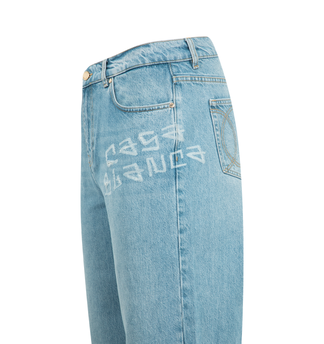 Image 4 of 4 - BLUE - CASABLANCA Graffiti Jeans featuring concealed fly and button fastening, belt loops, classic five pockets and logo print to the side. 100% cotton. 