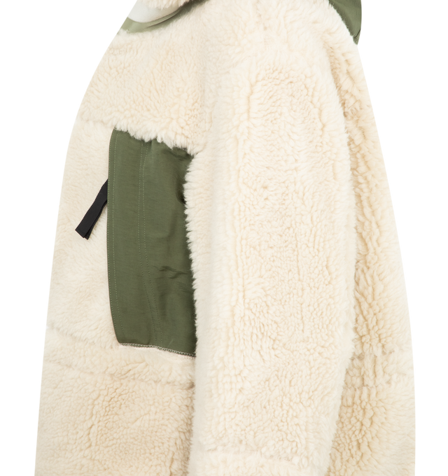Image 3 of 3 - WHITE - SACAI Faux Sherling x Grosgrain Jacket featuring contrast drawstring hood, zip closure, two snap buttons on the neck, polyester zip pockets, inner drawstring at the waist and finished hem and cuffs. 50% wool, 28% acrylic, 22% polyester. 