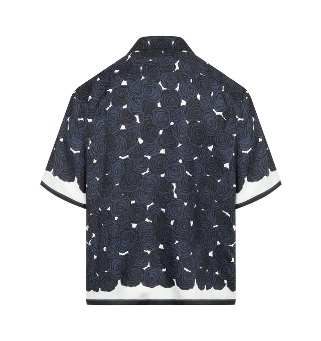 Image 2 of 3 - NAVY - GIVENCHY Bowling Shirt featuring front button closure, pattern detail throughout, short sleeves and spread collar. 100% silk. Made in Italy. 