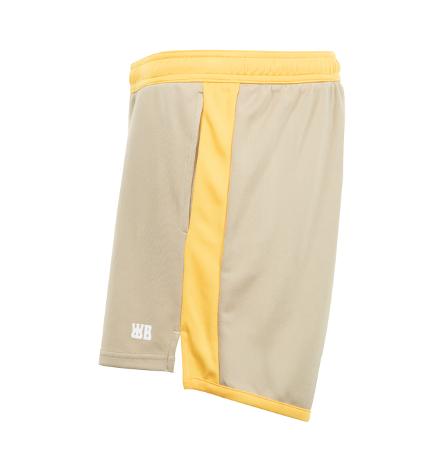 Image 3 of 3 - NEUTRAL - Wales Bonner Home Jersey Shorts featuring colorblocked construction, concealed drawstring at elasticized waistband, two-pocket styling, logo printed at cuffs and vented outseams. 100% polyester. Made in Portugal. 