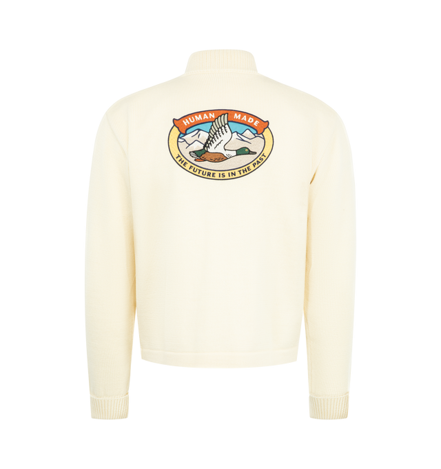 Image 2 of 2 - WHITE - HUMAN MADE Zip-Up Knit Cardigan featuring mid-gauge knit in warm wool, back section with cotton lining, high neck design, embroidered duck patch on the back, heart motif on the left chest, DRY ALLS leather patch on the right, three front pockets, leather patches on the pocket openings with the text FUTURE and PAST and embossed logo. 100% wool. 