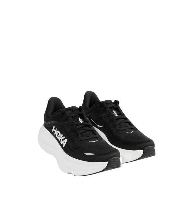 Image 2 of 5 - BLACK - HOKA M Bondi 9 Sneaker featuring engineered mesh upper with rubber sole, lace-up front, foamed EVA midsole and increased stack height for maximum cushioning, zonal breathability, reflective detailing and cushioned tongue and collar. 