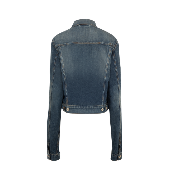 Image 2 of 3 - BLUE - Balenciaga Fitted Denim Jacket has a point collar, button front, button chest pockets, 2 side pockets, button cuffs, adjustable buttons at the waist, and a brand mosaic at the back. 100% cotton. 