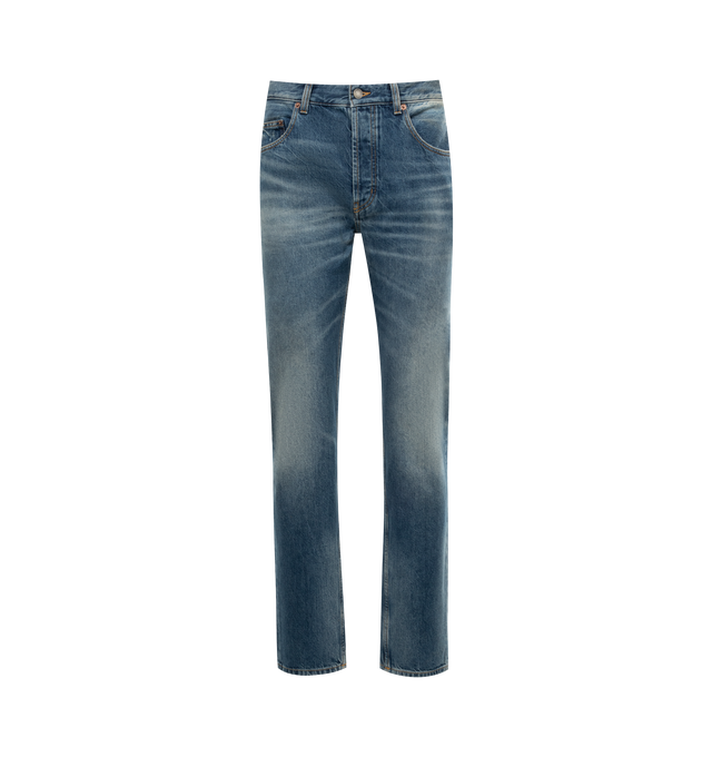 Image 1 of 3 - BLUE - SAINT LAURENT Straight Baggy Jean featuring five pocket style, straight leg, baggy fit, button fly and belt loops. 100% cotton.  