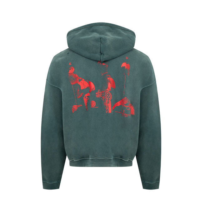 Image 2 of 2 - GREEN - ENFANTS RICHES DEPRIMES Psychothrapie de l'Adolescent Hoodie featuring long-sleeve pullover sweatshirt made from heavyweight brushed French terry with a boxy, drop-shoulder fit, a double-layer hood, rib knit cuffs and waistband, printed artwork at the front and back and the brands signature vintage wash process. Cotton. Made in USA. 