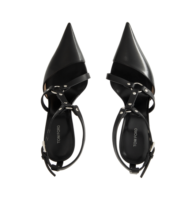 Image 4 of 4 - BLACK - TOM FORD Shiny Leather Bound Pump featuring a harness-inspired asymmetric design, silver-tone metal hardware, pointy toe, 105mm stiletto heel, adjustable ankle strap with a logo-engraved buckle and a nude leather lining and sole. 100% goatskin, straps in smooth leather 100% calfskin. Made in Italy. 
