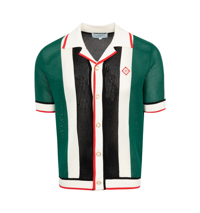 Image 1 of 2 - GREEN - CASABLANCA Striped Shirt featuring cotton mesh, stripes throughout, rib knit open spread collar, hem, and cuffs, button closure. embroidered logo patch at chest and mother-of-pearl hardware. 100% cotton. Trim: 95% rayon, 5% polyester. Made in China. 