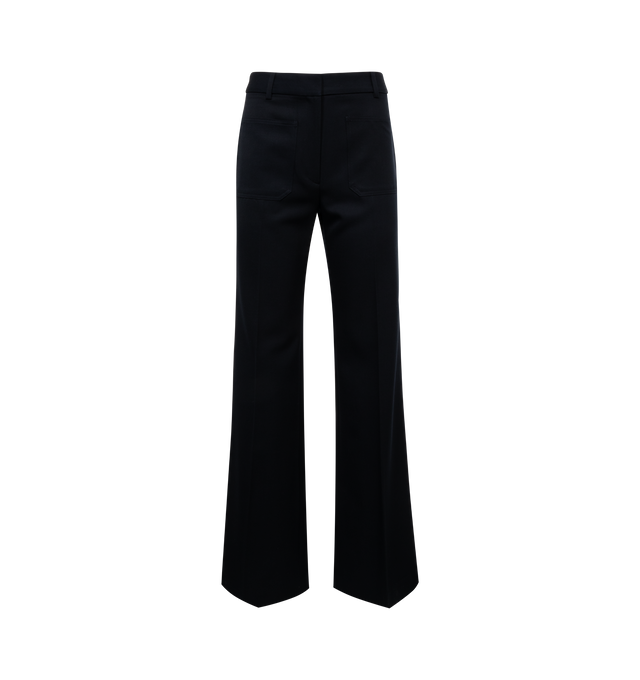 NAVY - NILI LOTAN Christophe Pant featuring flat front super high waist straight leg pant, slight flare at hem, front and back patch pockets, zip fly and hook-and-bar front closure. 100% virgin wool.