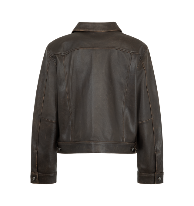 Image 2 of 3 - BROWN - Midnight Rodeo "1968" Leather Trucker Jacket is crafted from pebbled Italian leather and features a cropped trucker silhouette inspired by Elvis Presley's iconic 1968 Comeback Special. Designed with custom branded hardware, double Western yoke detailing, and a smooth midnight satin lining, this Italian-made jacket blends classic Americana influences with Midnight Rodeo's modern edge. Main Material: Pebbled Italian Leather. Lining: Midnight Satin. Fit: Cropped. Made in Italy. 