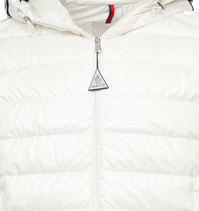 Image 4 of 4 - WHITE - MONCLER Cornour Padded Jacket featuring two-way zip fastening, adjustable hood, padded insulation, and rubberised logo and striped detailing across the hood. 100% polyester. Padding: 90% down, 10% feather. Made in Moldova. 