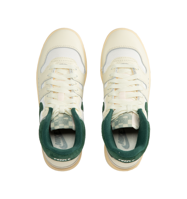 Image 5 of 5 - MULTI - Nike Attack iconic '80s style tennis sneaker with crisp leather, durable textile, padded collar and checkered tongue label. "Coconut Milk and Pale Vanilla" with "Fir" green swoosh and collar details. 