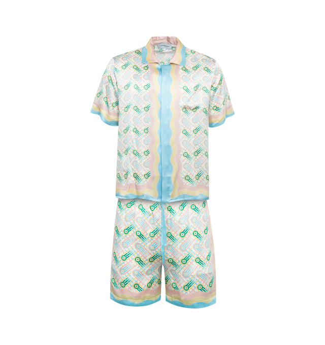 MULTI - CASABLANCA Cuban Collar Short Sleeve Shirt featuring wavy stripes at spread collar, hem, and cuffs, concealed button closure and logo graphic printed at patch pocket and back. 100% silk.