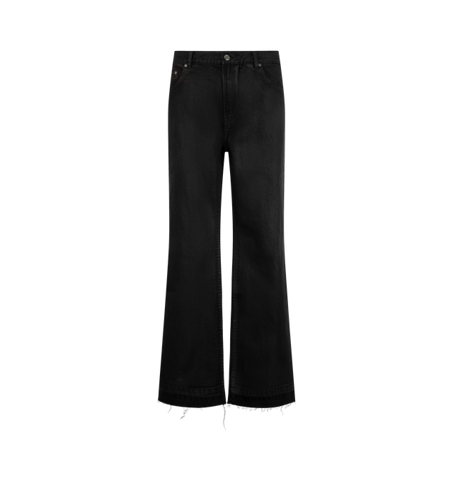 Image 1 of 3 - BLACK - Midnight Rodeo "Texoma" Waxed Denim Jeans are crafted from denim and feature a waxed finish. Designed with a modern bootcut silhouette and finished with a signature leather back tab, these jeans blend vintage Western influences with contemporary proportions. Main Material: Cotton Denim. Fit: True to Size. 