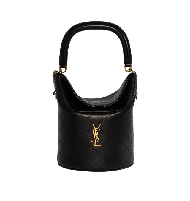 Image 1 of 3 - BLACK - Saint Laurent Bucket bag with flap top with magnetic closure, decorated with Cassandre and diamond-quilted overstitching. Features a rotating leather top handle and detachable leather and chain strap designed for shoulder or cross-body carry. Lambskin leather with bronze-tone hardware. Measures 7.5" X 6.7" X 5.9" with strap drop 22.8". Made in Italy.  
