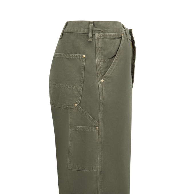 Image 3 of 3 - GREEN - ORSLOW Dad's Fit Oxford Painter Pants featuring a wide-fit, 12.5oz denim, button zip fly, belt loops, 4 style pocket and one pocket on leg seem. 100% cotton. Made in Japan. 