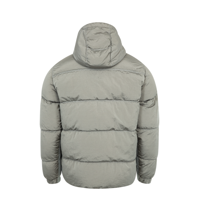 Image 2 of 3 - GREY - Stone Island Giubbotto Vera Piuma RDS Jacket has a classic hood, 2-way zipper closure, collar, zipper side pockets, and detachable signature Compass badge. Down filled. 84% polyamide, 16% elastane.  