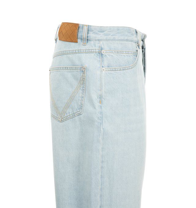 Image 3 of 3 - BLUE - Bottega Veneta men's jeans in extra bleached washed denim. Featuring wide leg, regular waist, button fly and Intrecciato suede back patch. 100% cotton. Made in Italy. 