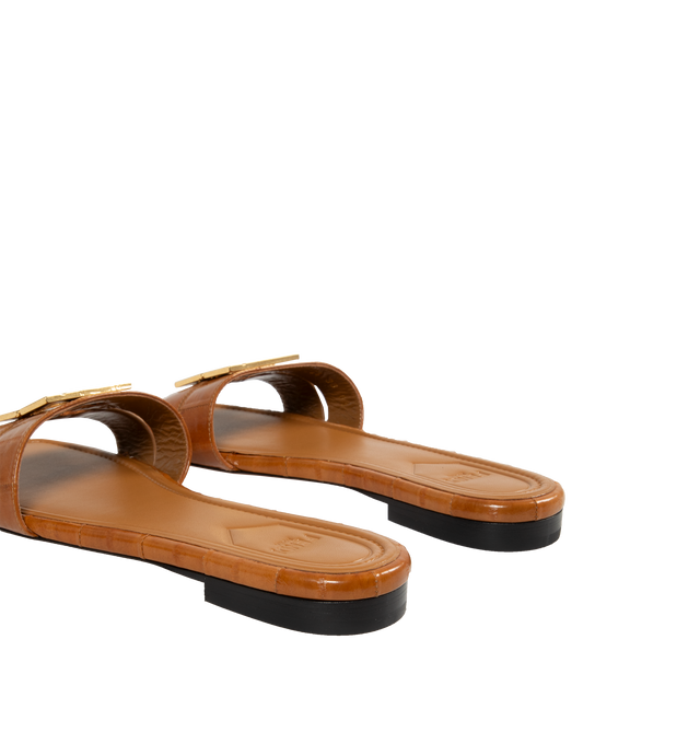 Image 3 of 4 - BROWN - FENDI FFold Slide Eel Leather Sandals featuring slip-on flats with square toes and two wrap-around bands, metal FF detail, with a special design that includes a functional hinge in the center. Made of shiny beige eel leather. Gold-finish metalware. Made in Italy. 