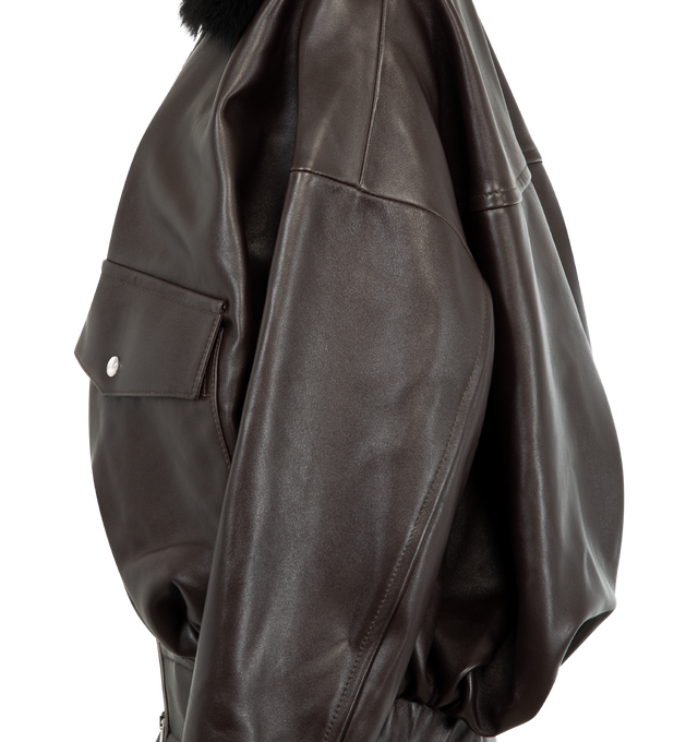 Image 3 of 3 - BROWN - KHAITE Daemon Jacket featuring lightweight lambskin, a silky collar of Toscana shearling, relaxed fit, zip-front closure, signature hardware, blouson pockets and elasticated back hem. 100% lambskin.  