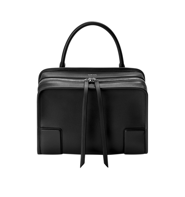 Image 6 of 17 - BLACK - Loewe Amazona Medium 180 Bag in soft calfskin leather featuring a relaxed silhouette with a single toron top handle, designed to be carried open, while a concealed closure secures the main compartment, removable shoulder and crossbody straps, zip closure with two leather zip pullers, two compartments, main compartment closed with magnetic closure, internal flat pocket, suede lining and embossed logo. Soft calfskin. Strap length 108 cm; Strap Drop 50 cm; Handle drop 11 - 28 cm; Height 