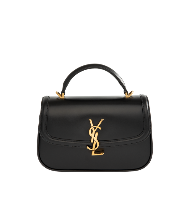 Image 1 of 3 - BLACK - Saint Laurent Women's Mini Top-Handle Bag is crafted from box calfskin leather and features the iconic Cassandre sliding clasp closure, a structured top handle, a detachable and adjustable shoulder strap, bronze-tone hardware, a suede-lined interior, one card slot, and a rear flat pocket. This designer leather top-handle bag combines timeless elegance with versatile styling for day-to-evening wear. Main Material: Calfskin Leather. Lining: Suede. Hardware: Brass. Dimensions: 19.5 x 11. 